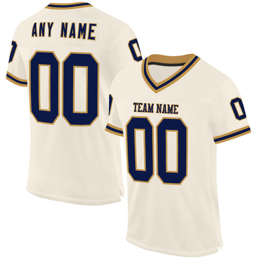 Custom Cream Navy-Old Gold Mesh Authentic Throwback Football Jersey - Main View