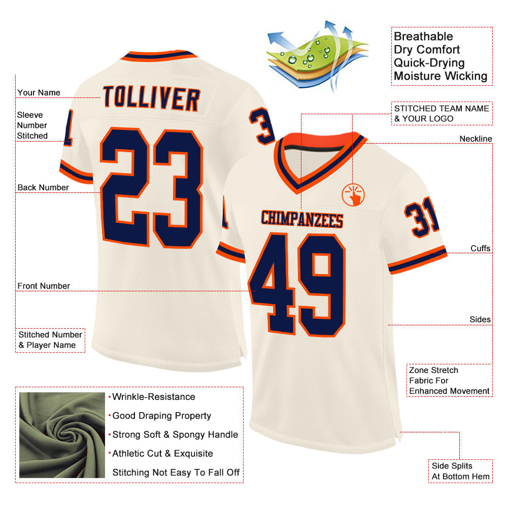 Custom Cream Navy-Orange Mesh Authentic Throwback Football Jersey view 2