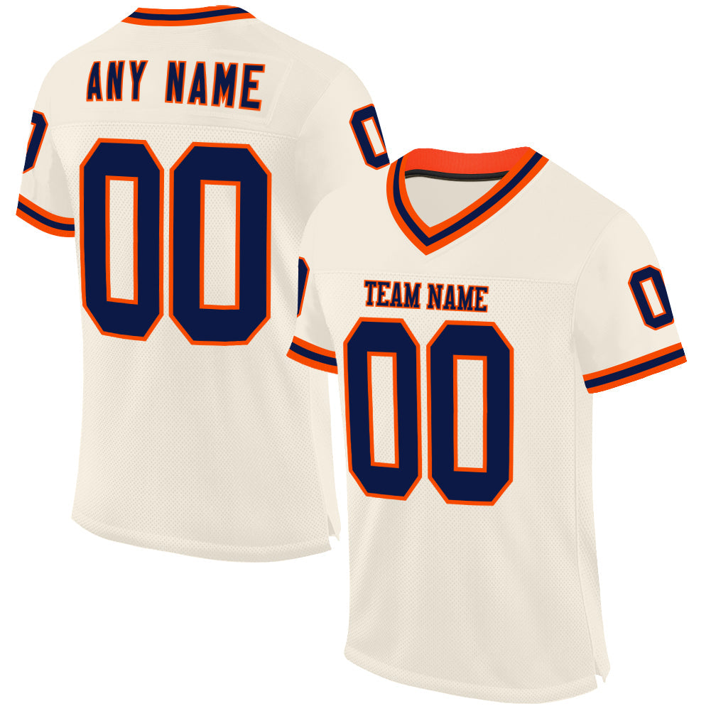 Custom Cream Navy-Orange Mesh Authentic Throwback Football Jersey - Main View