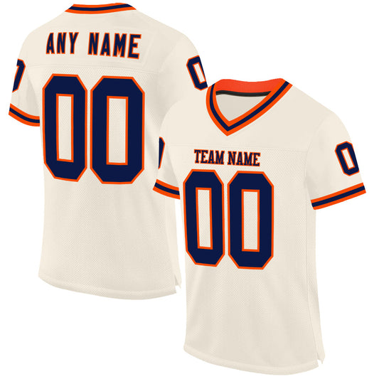 Custom Cream Navy-Orange Mesh Authentic Throwback Football Jersey - Main View