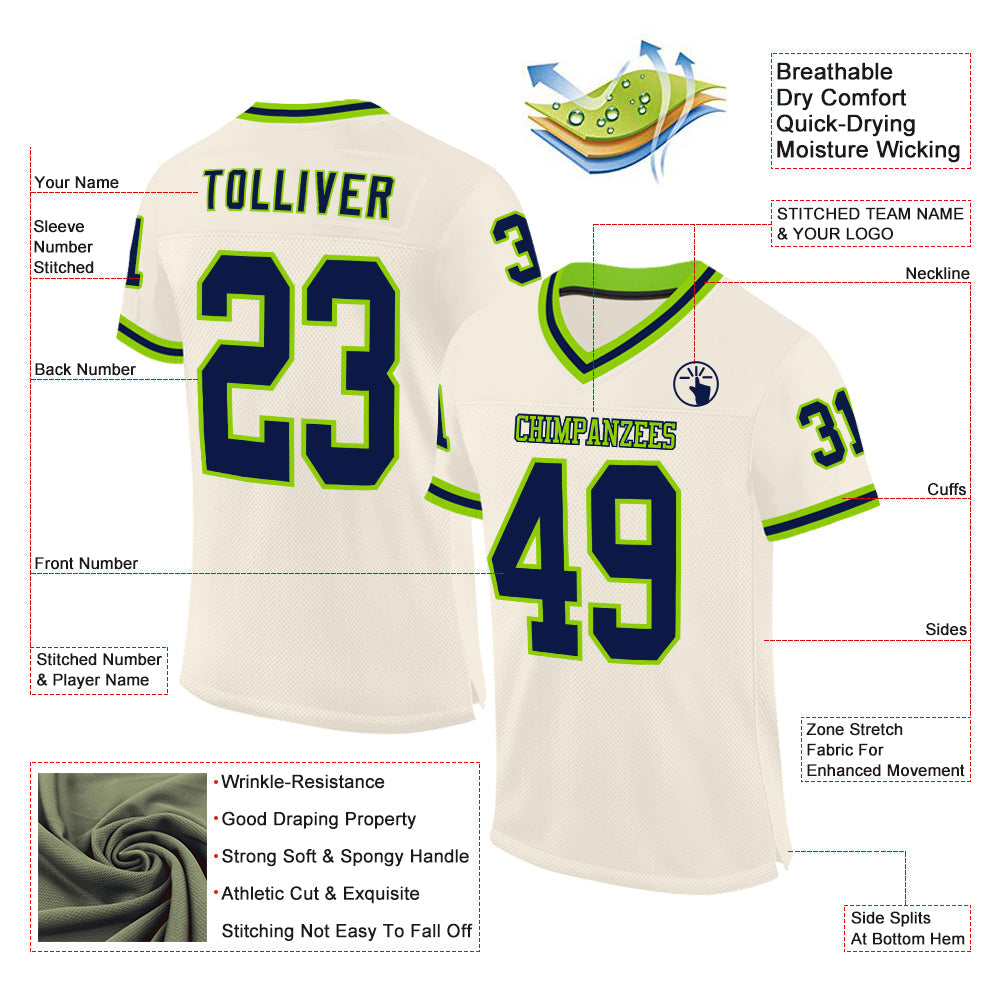 Custom Cream Navy-Neon Green Mesh Authentic Throwback Football Jersey view 2