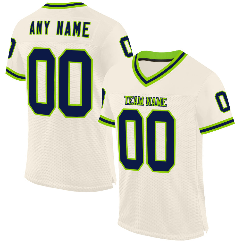 Custom Cream Navy-Neon Green Mesh Authentic Throwback Football Jersey - Main View