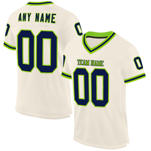Custom Cream Navy-Neon Green Mesh Authentic Throwback Football Jersey - Main View