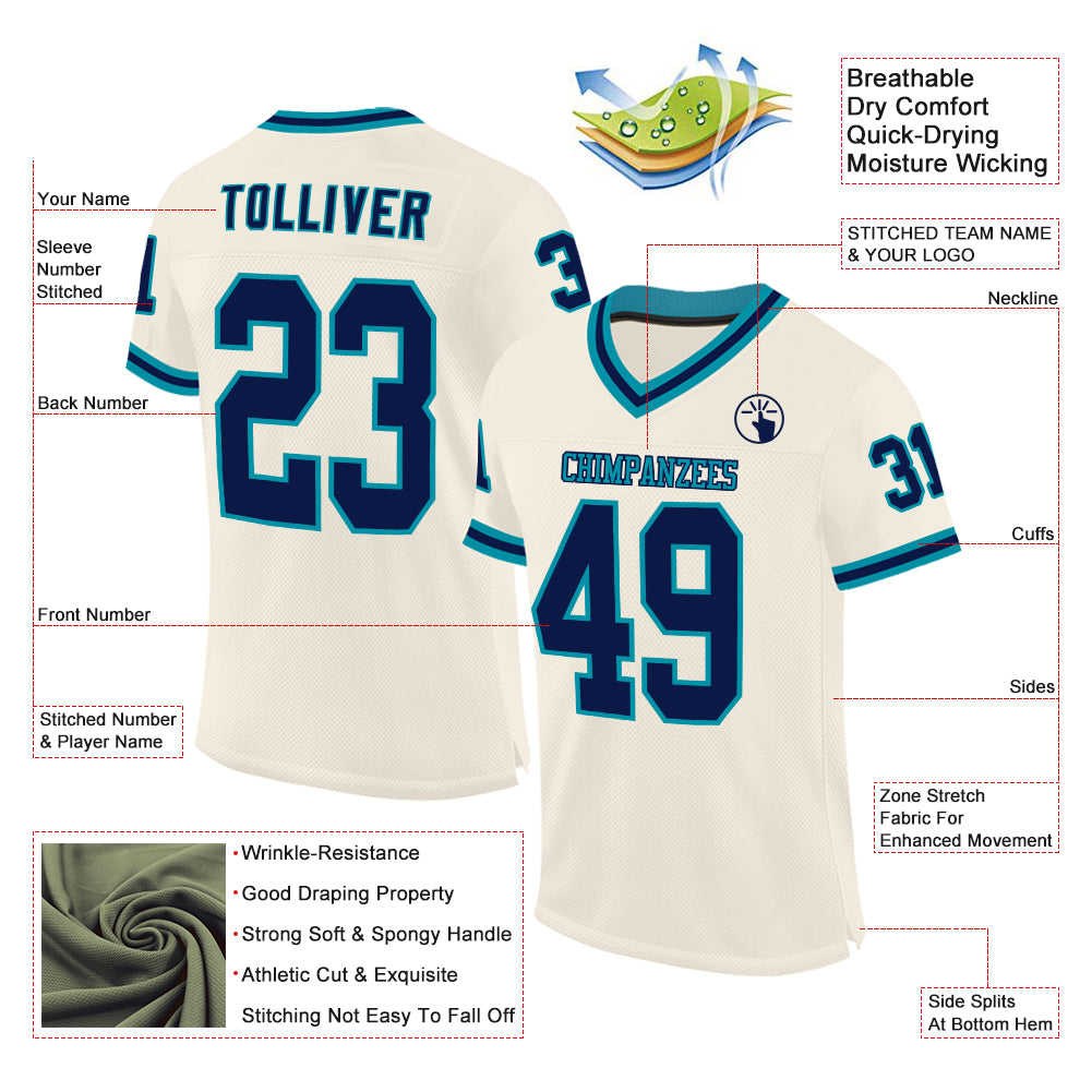 Custom Cream Navy-Teal Mesh Authentic Throwback Football Jersey view 2