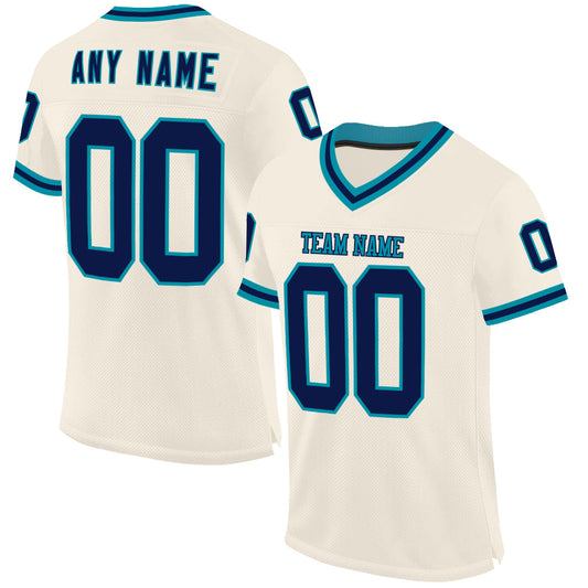 Custom Cream Navy-Teal Mesh Authentic Throwback Football Jersey - Main View