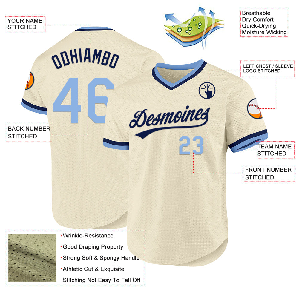 Custom Cream Light Blue-Navy Authentic Throwback Baseball Jersey view 3