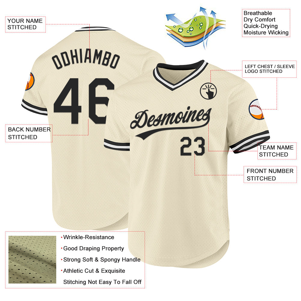 Custom Cream Black-White Authentic Throwback Baseball Jersey view 3