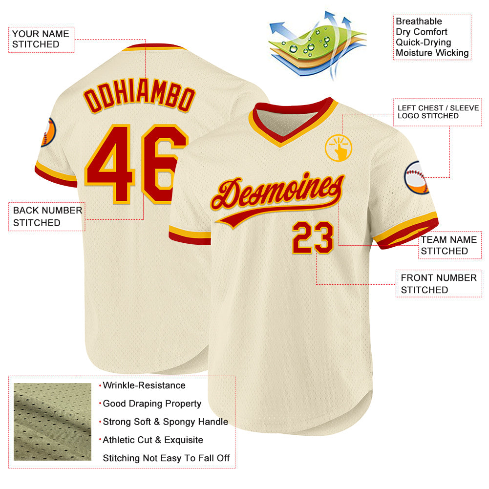 Custom Cream Red-Gold Authentic Throwback Baseball Jersey view 3