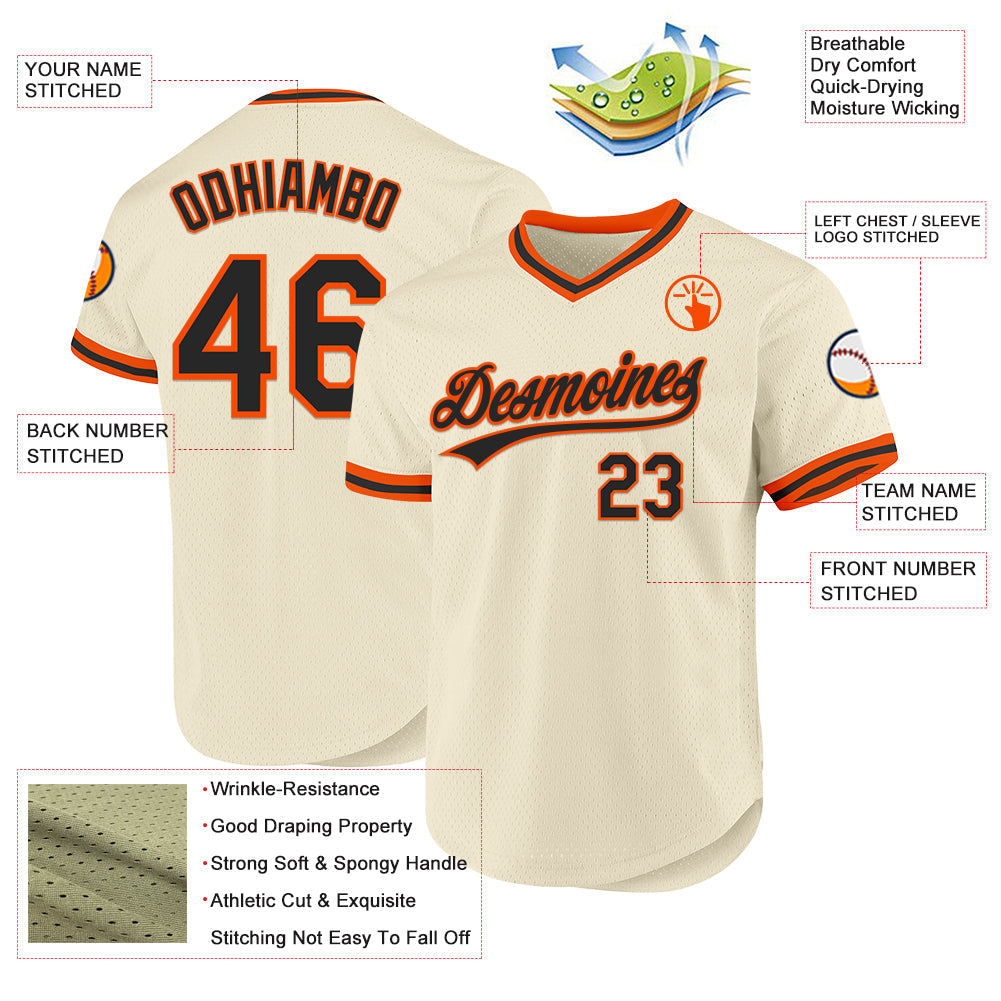 Custom Cream Black-Orange Authentic Throwback Baseball Jersey view 3