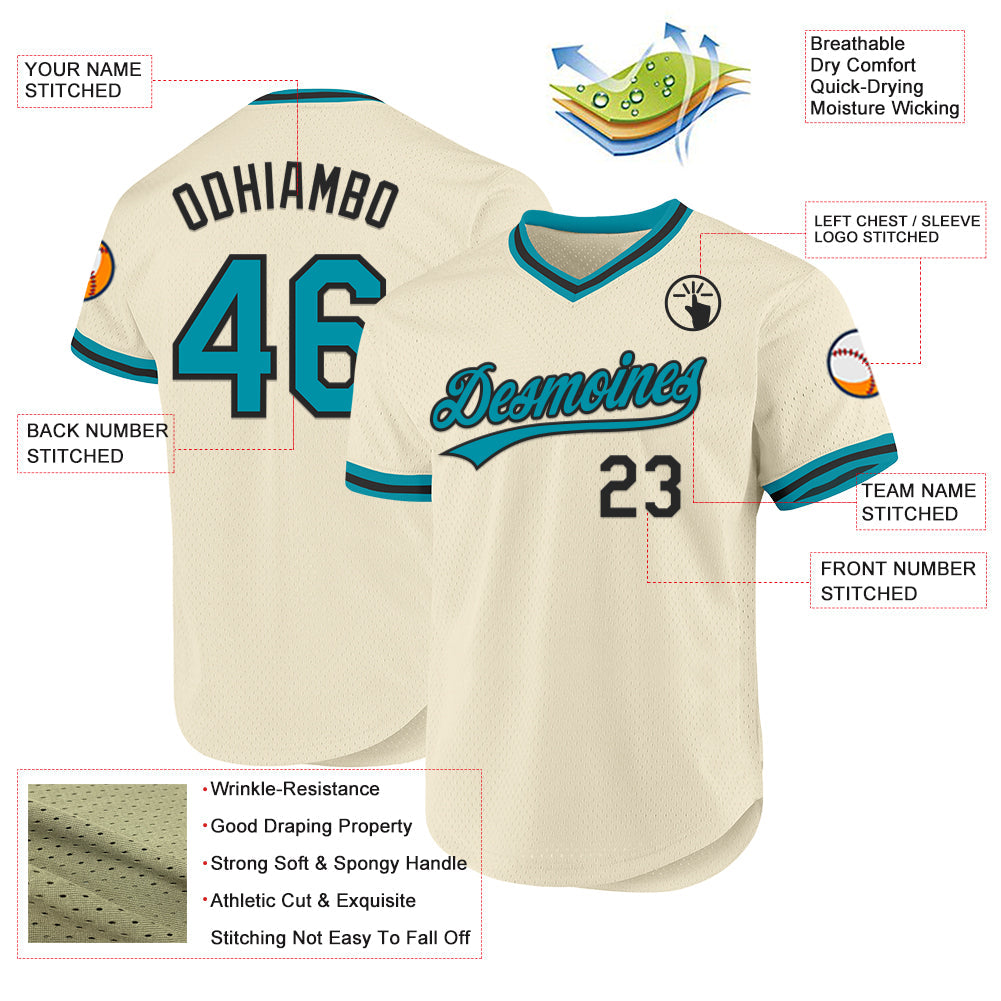Custom Cream Teal-Black Authentic Throwback Baseball Jersey view 3