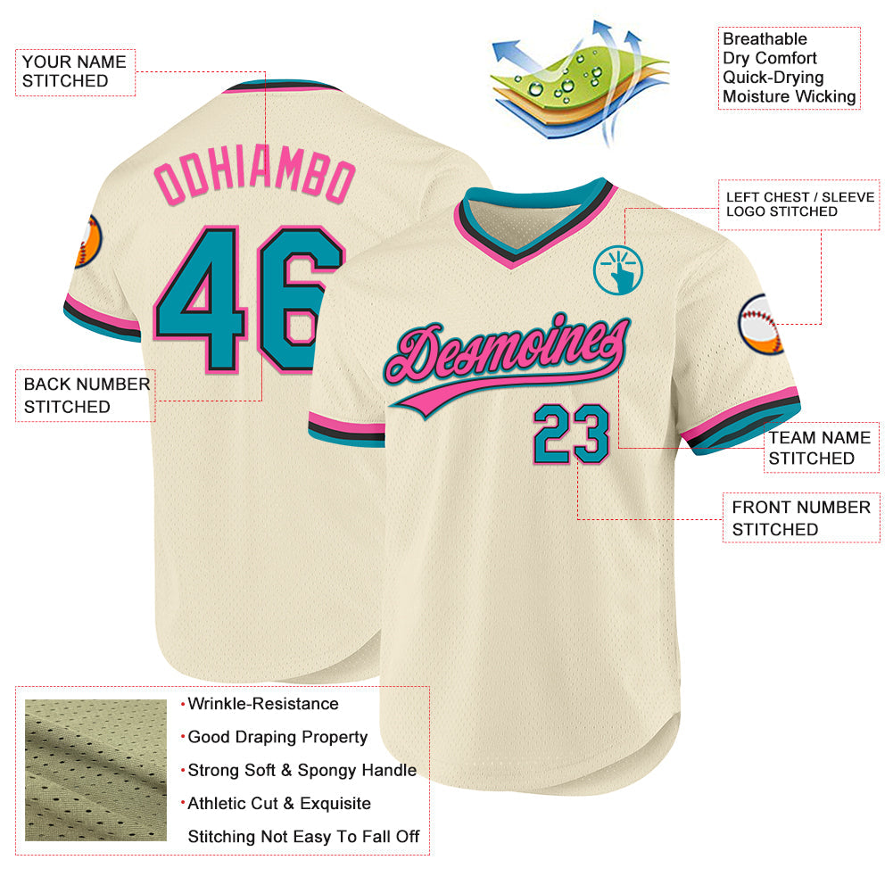 Custom Cream Teal Black-Pink Authentic Throwback Baseball Jersey view 3