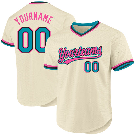 Custom Cream Teal Black-Pink Authentic Throwback Baseball Jersey - Main View