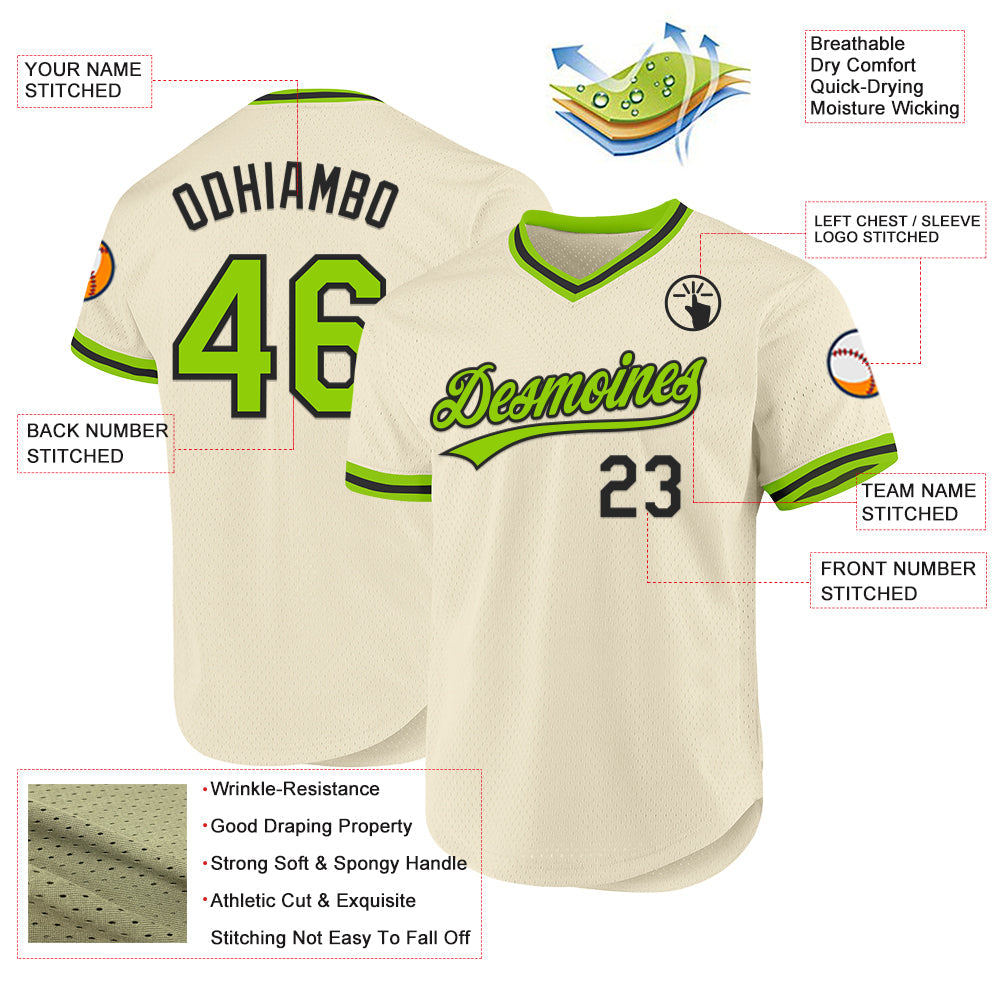 Custom Cream Neon Green-Black Authentic Throwback Baseball Jersey view 3