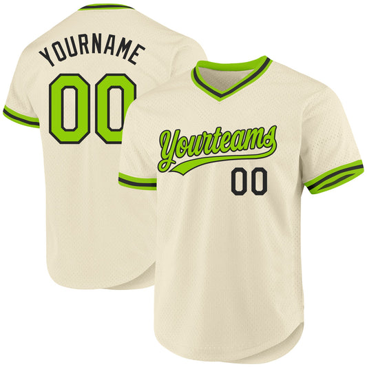 Custom Cream Neon Green-Black Authentic Throwback Baseball Jersey - Main View