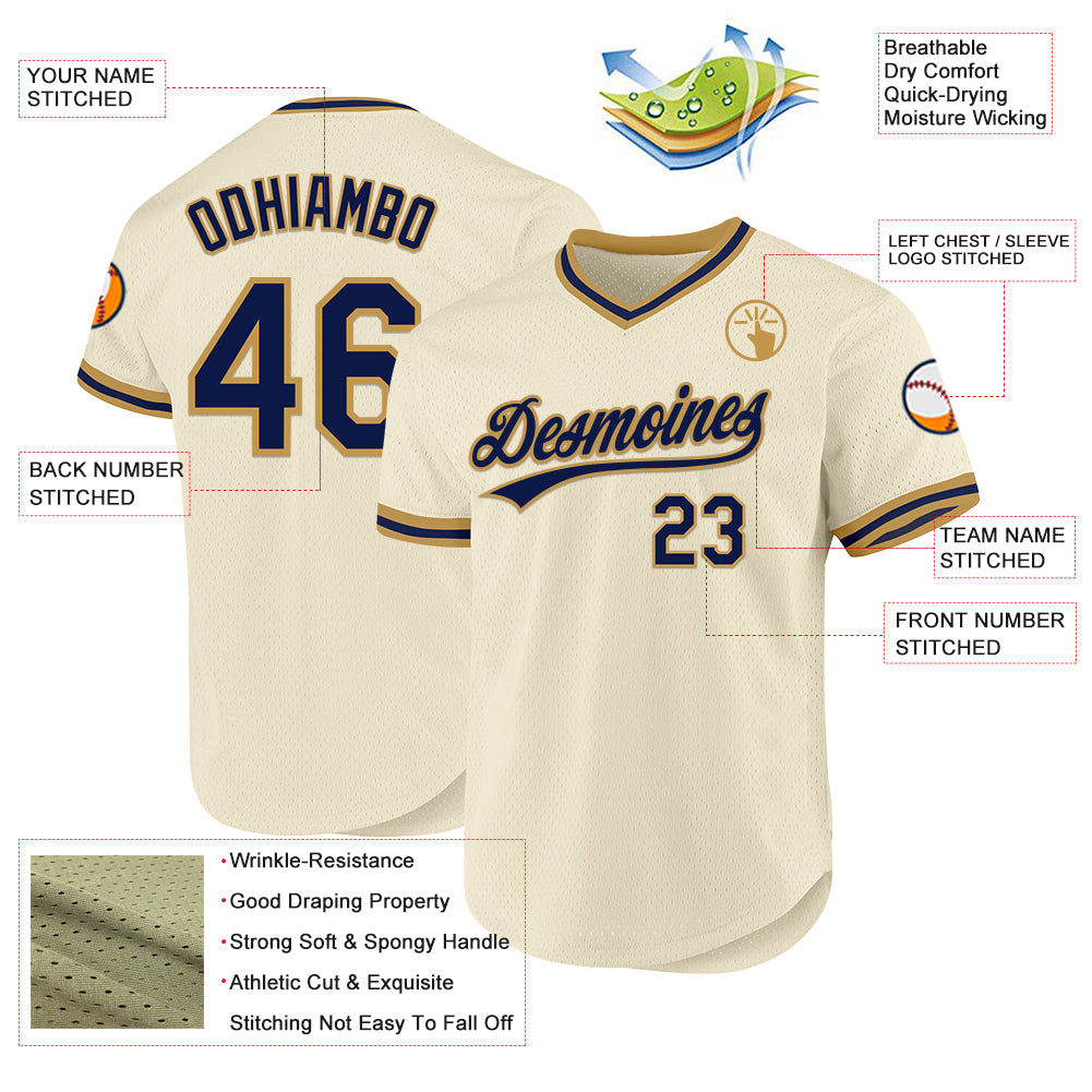 Custom Cream Navy-Old Gold Authentic Throwback Baseball Jersey view 3
