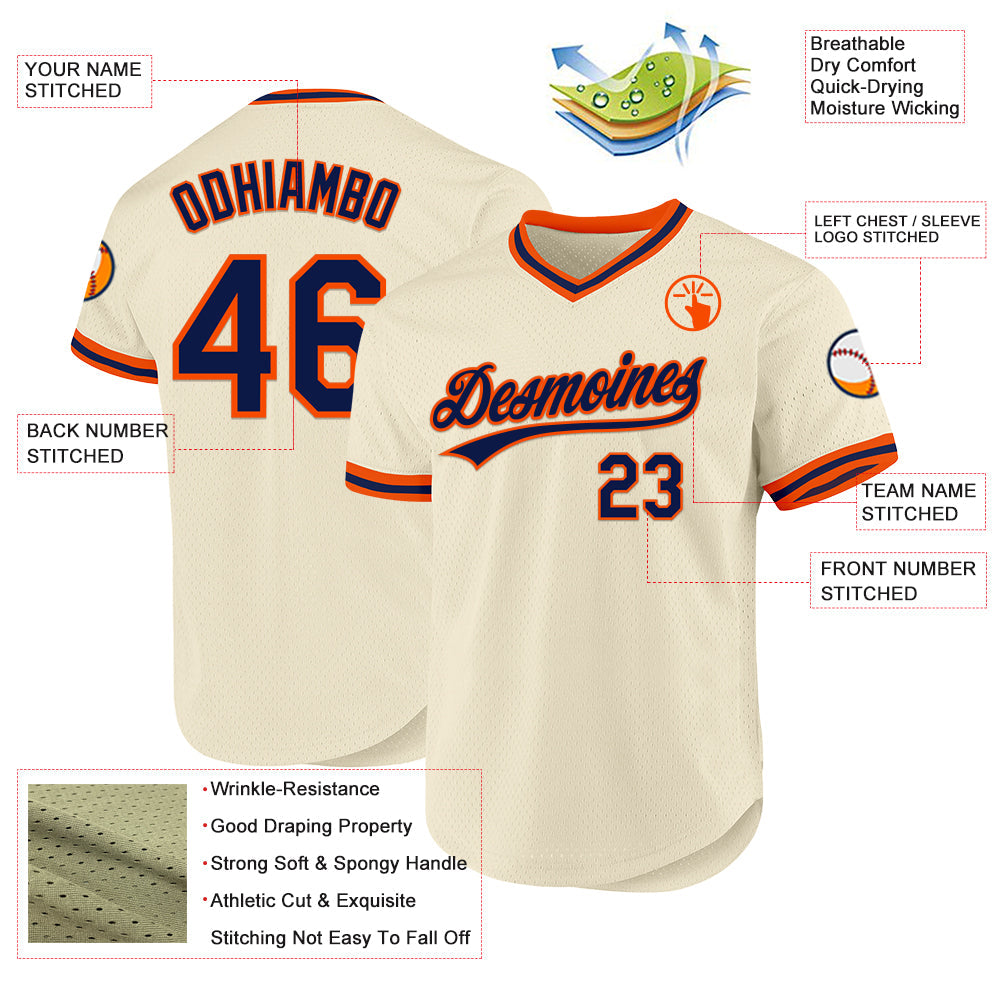 Custom Cream Navy-Orange Authentic Throwback Baseball Jersey view 3