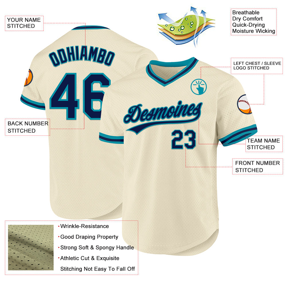 Custom Cream Navy-Teal Authentic Throwback Baseball Jersey view 3