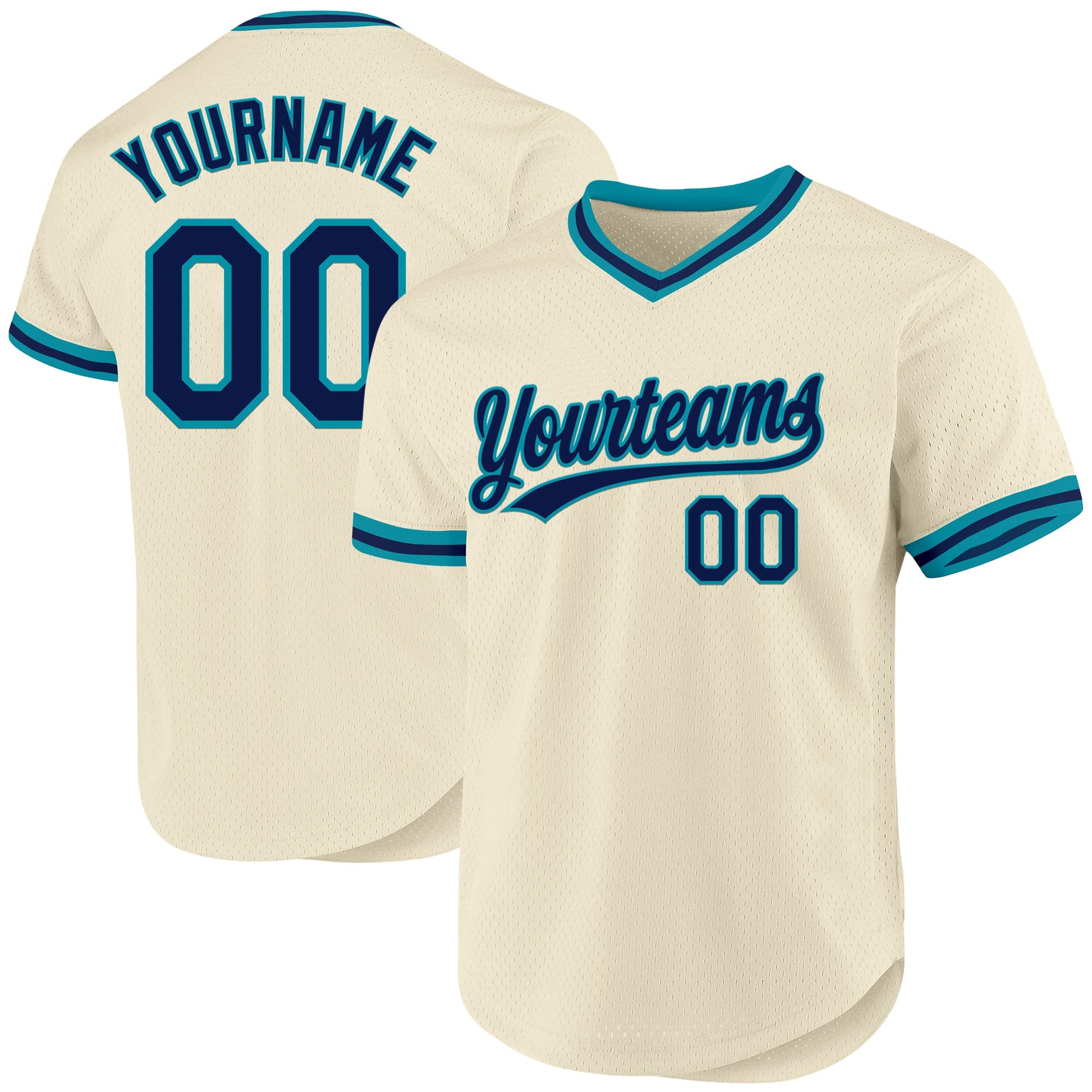 Custom Cream Navy-Teal Authentic Throwback Baseball Jersey - Main View