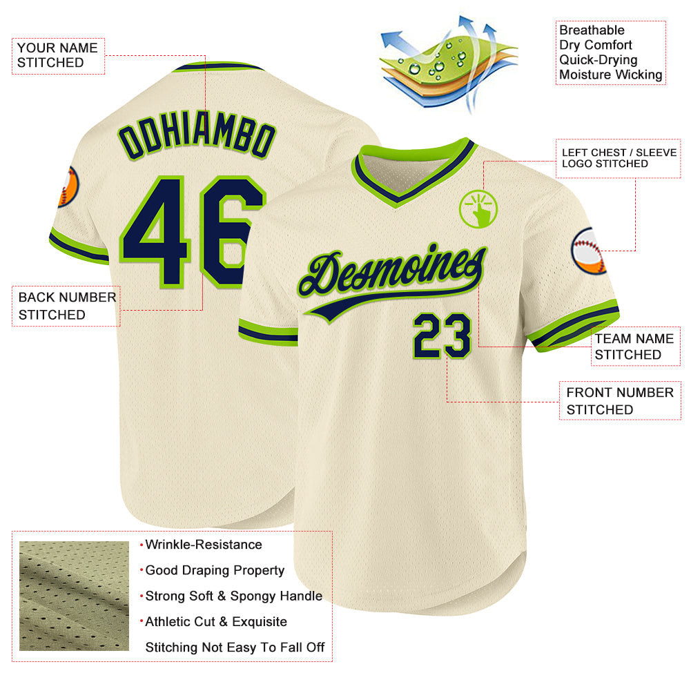 Custom Cream Navy-Neon Green Authentic Throwback Baseball Jersey view 3