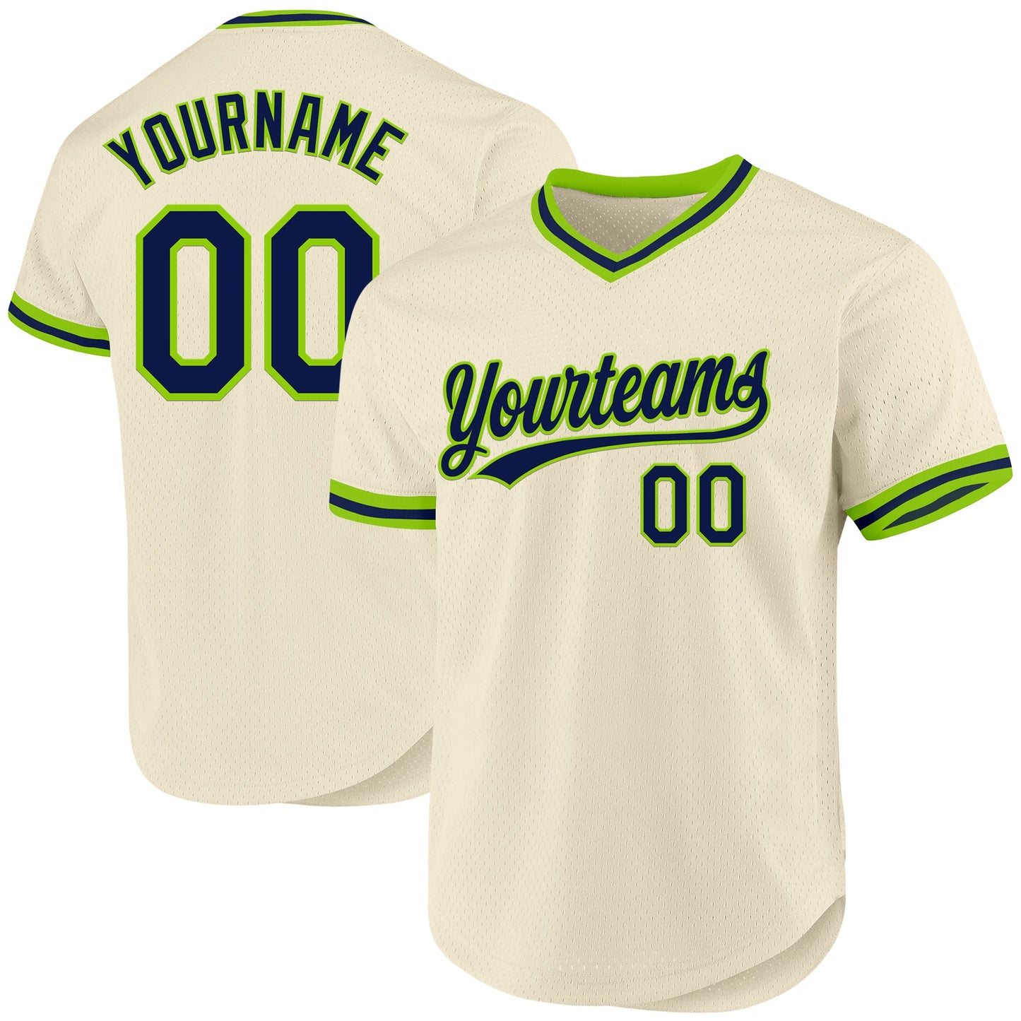 Custom Cream Navy-Neon Green Authentic Throwback Baseball Jersey - Main View