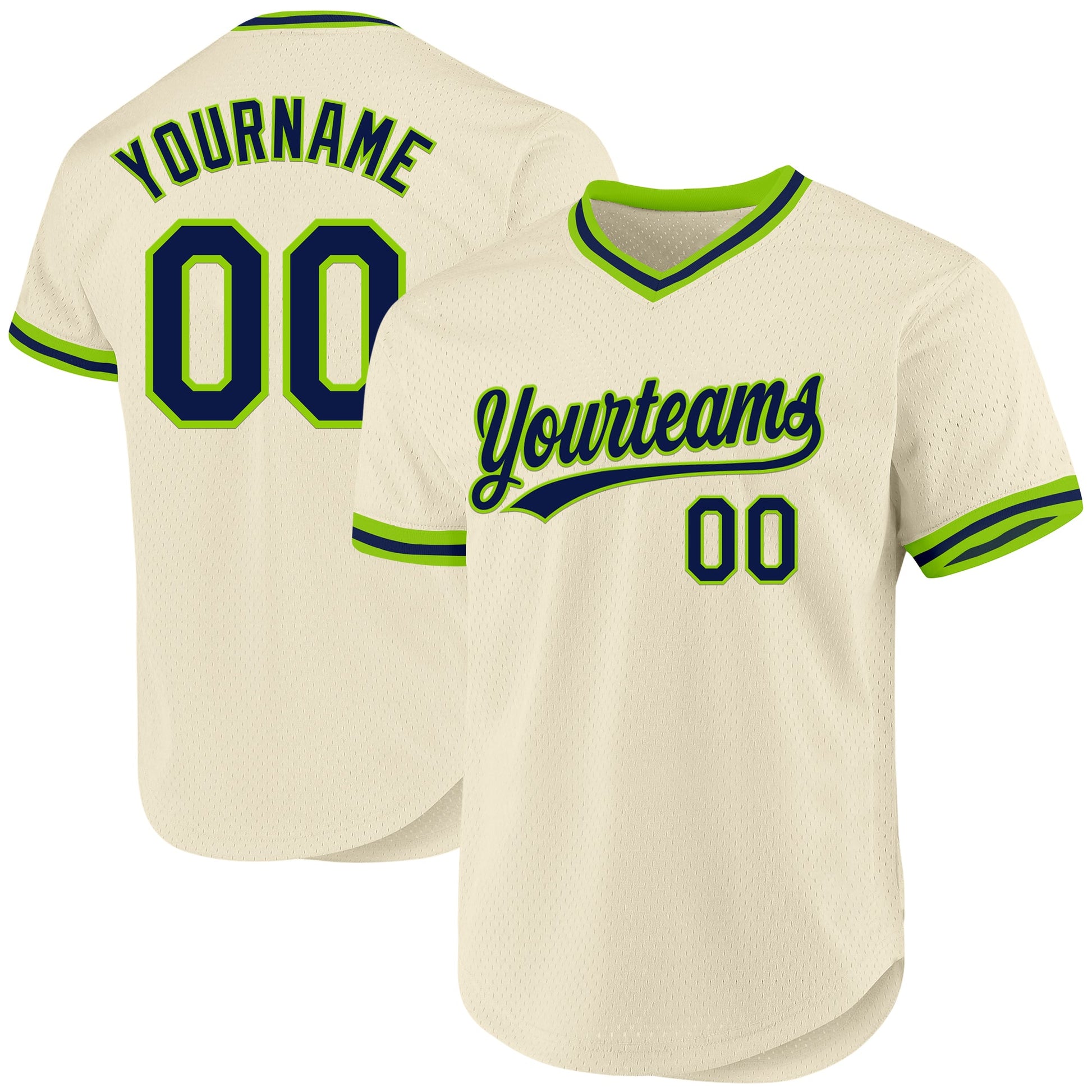 Custom Cream Navy-Neon Green Authentic Throwback Baseball Jersey - Main View