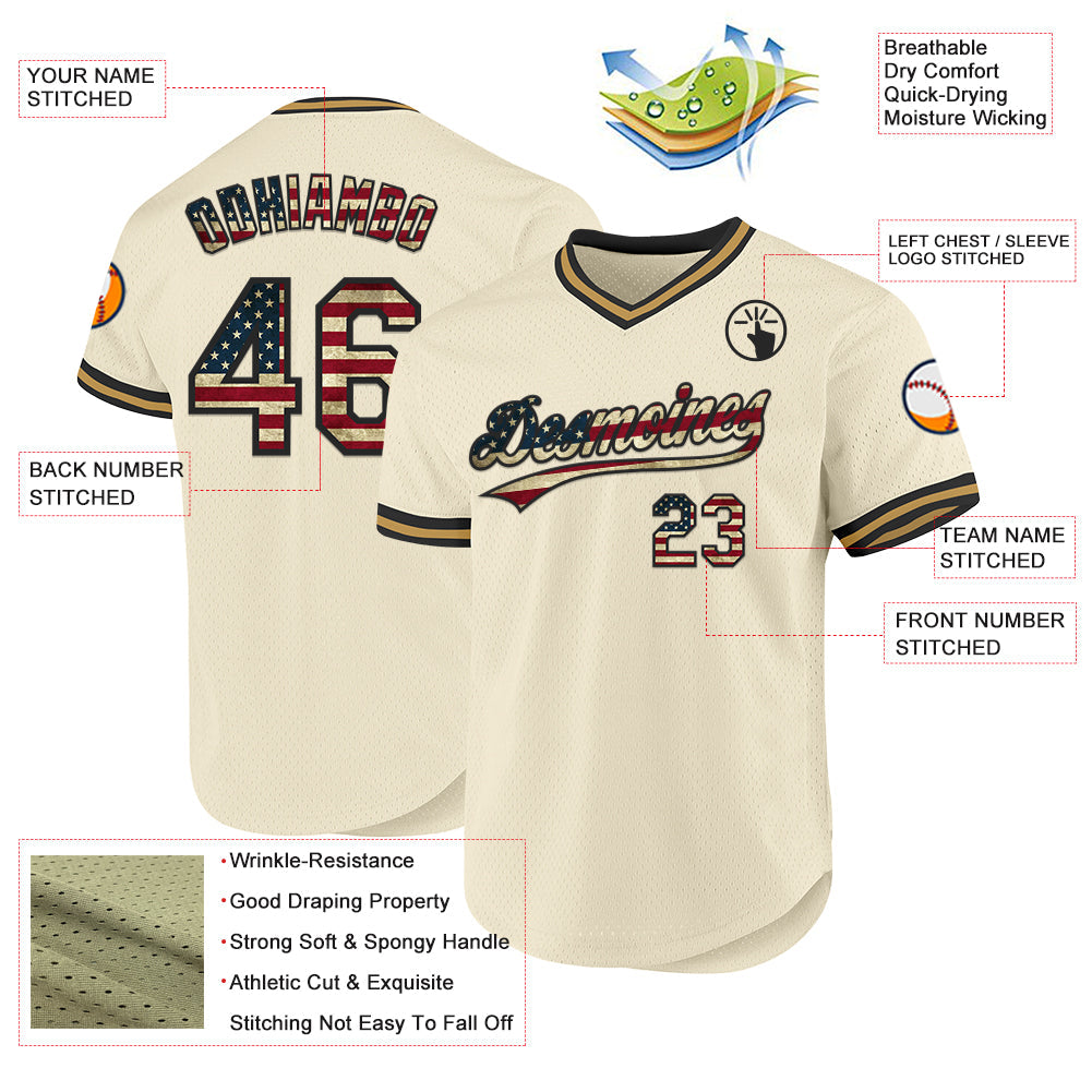 Custom Cream Vintage USA Flag Black-Old Gold Authentic Throwback Baseball Jersey view 3