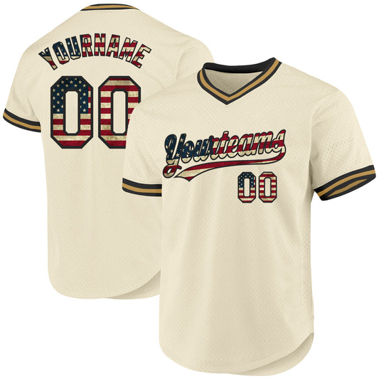Custom Cream Vintage USA Flag Black-Old Gold Authentic Throwback Baseball Jersey - Main View