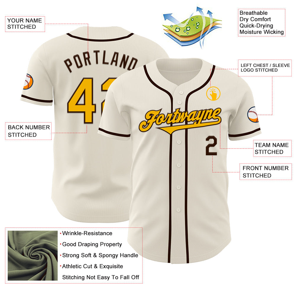 Custom Cream Gold-Brown Authentic Baseball Jersey view 3