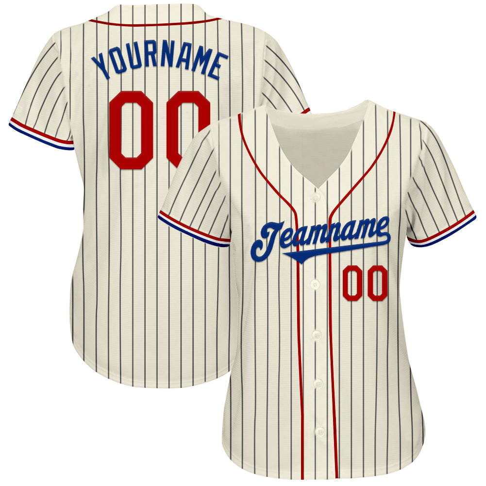 Custom Cream Black Pinstripe Red Royal-White Authentic Baseball Jersey view 2
