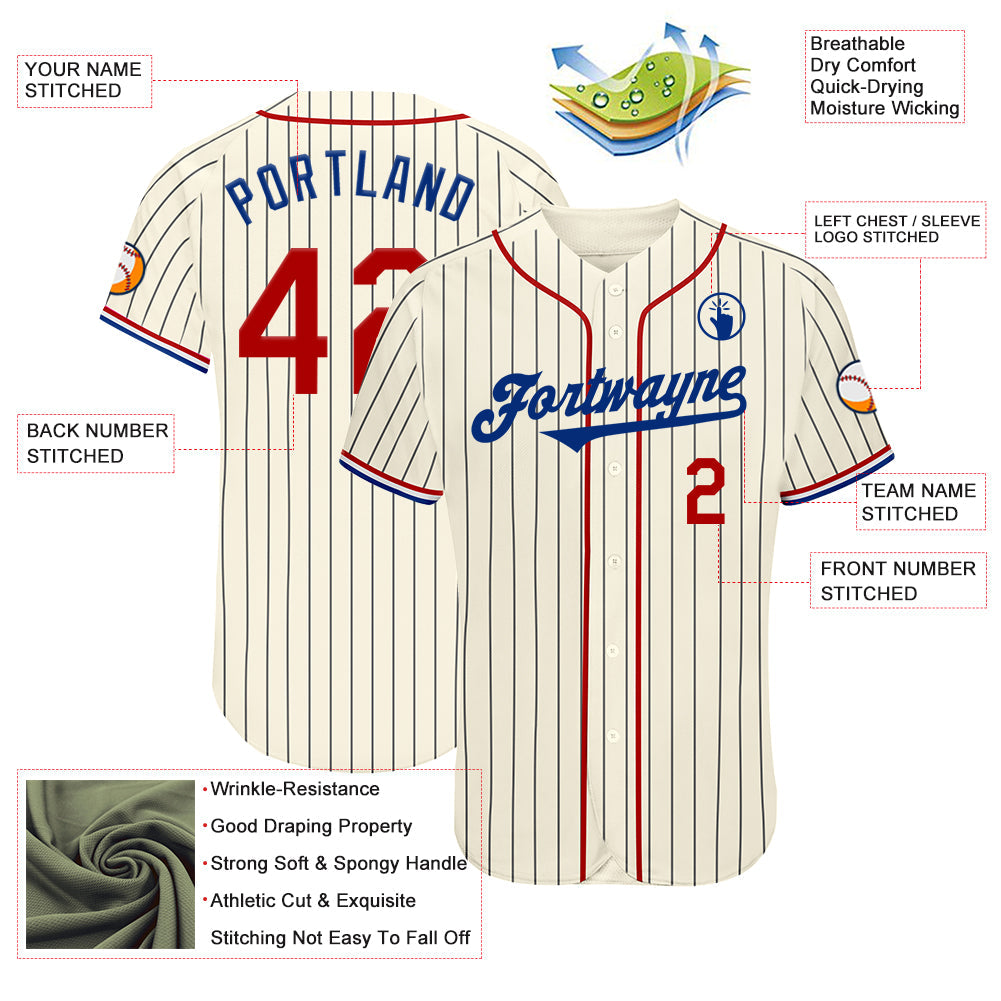 Custom Cream Black Pinstripe Red Royal-White Authentic Baseball Jersey view 3