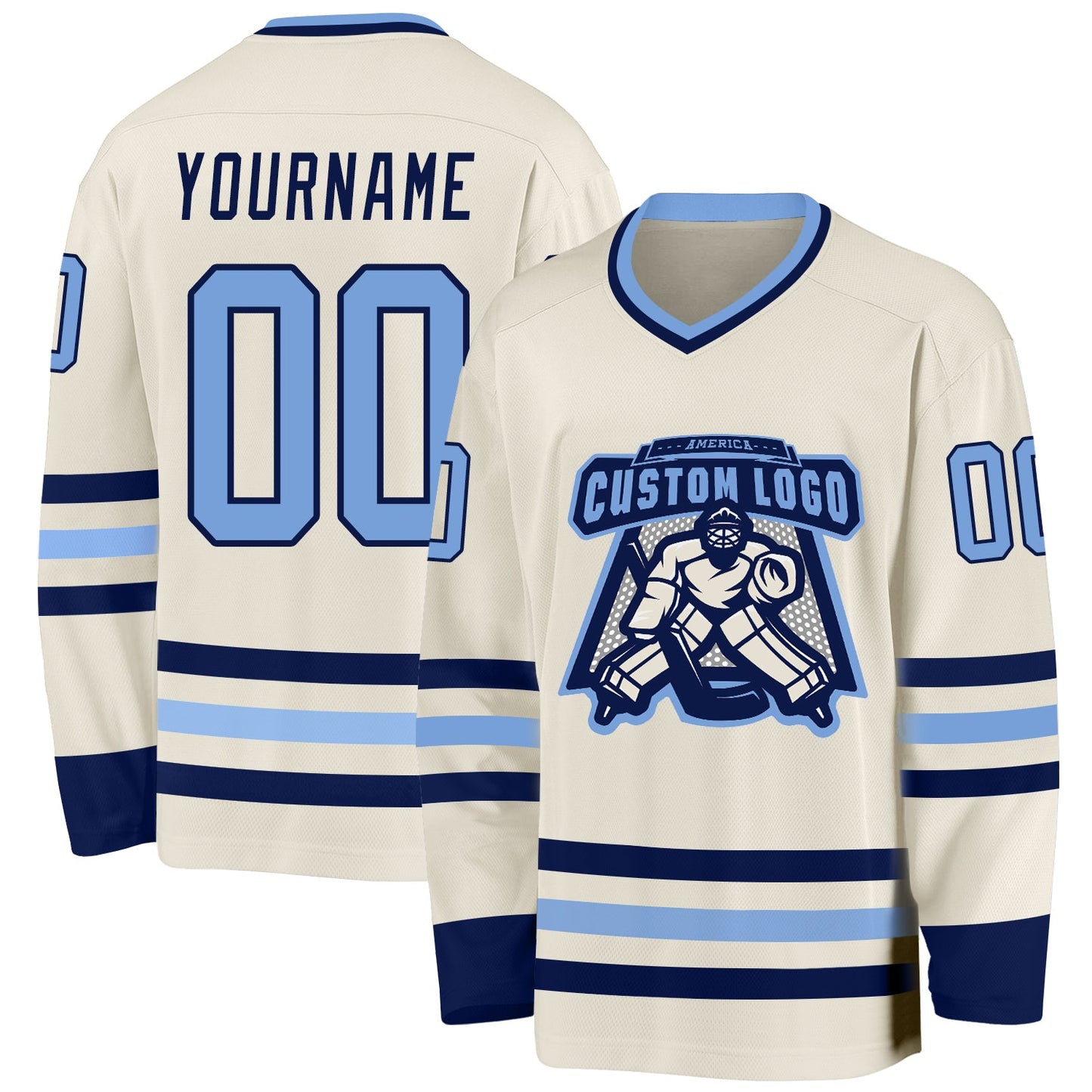 Custom Cream Light Blue-Navy Hockey Jersey view 2