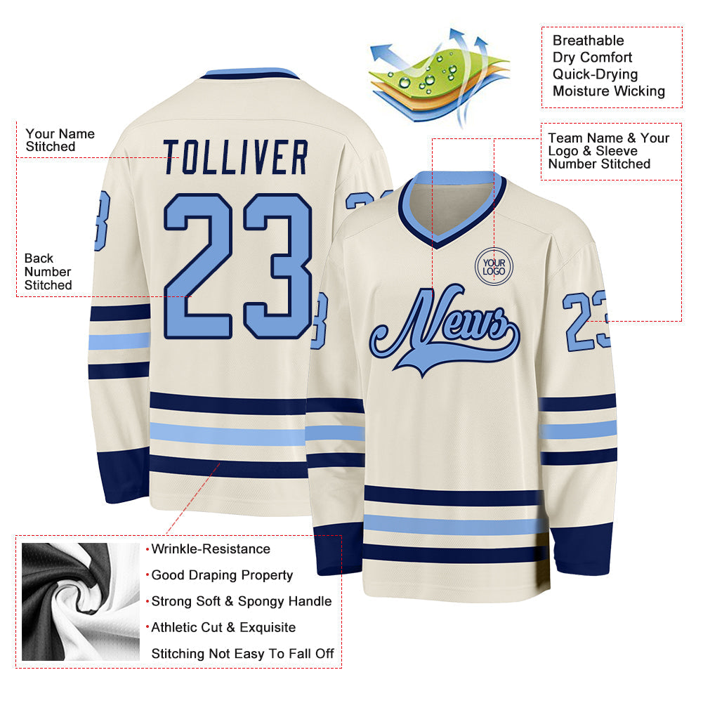 Custom Cream Light Blue-Navy Hockey Jersey view 3