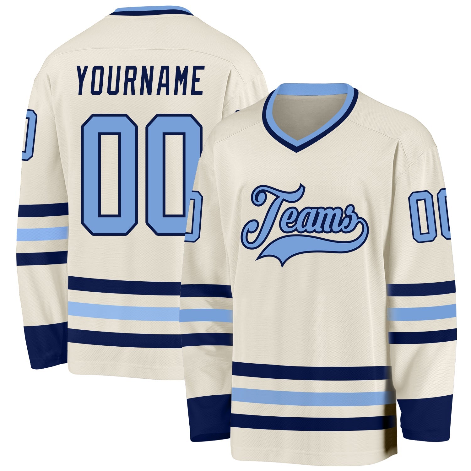 Custom Cream Light Blue-Navy Hockey Jersey - Main View