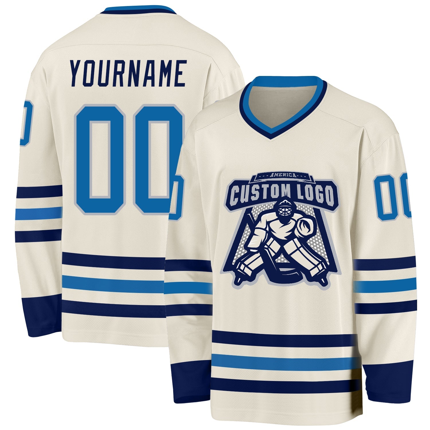 Custom Cream Blue-Navy Hockey Jersey view 2