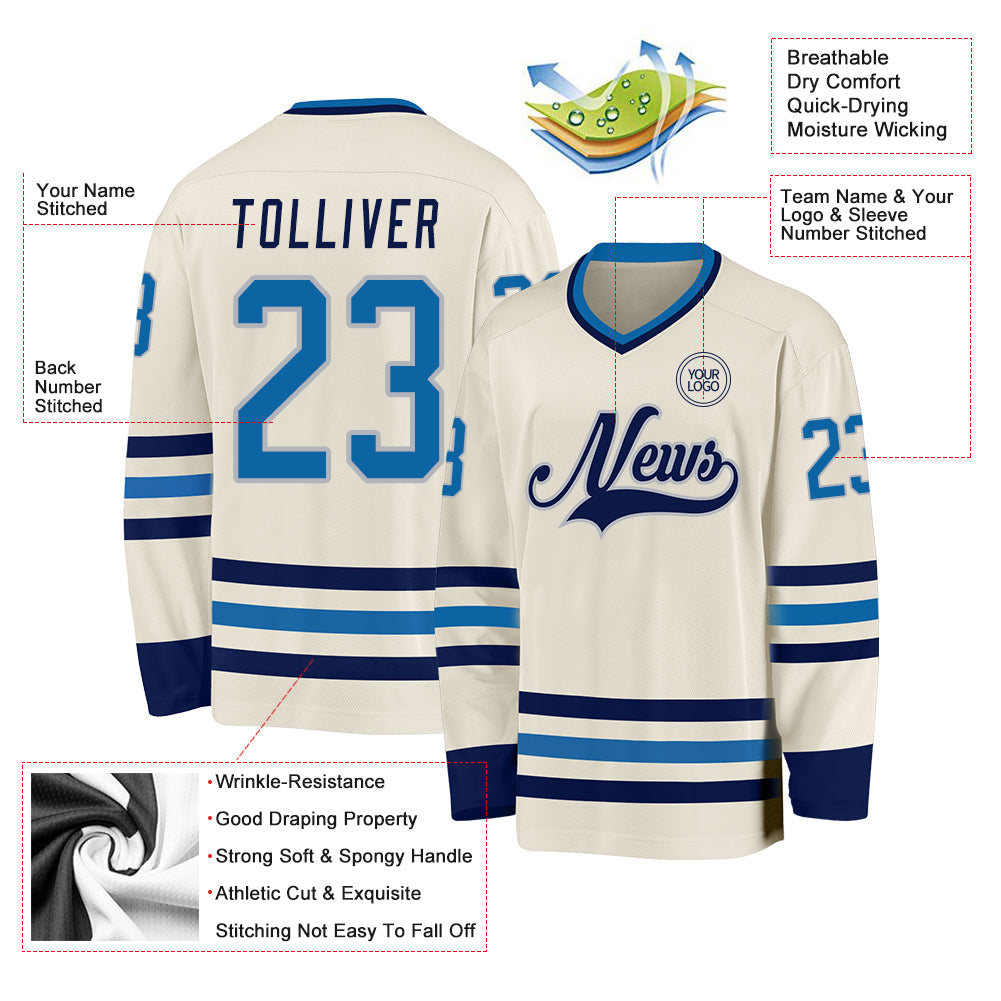 Custom Cream Blue-Navy Hockey Jersey view 3