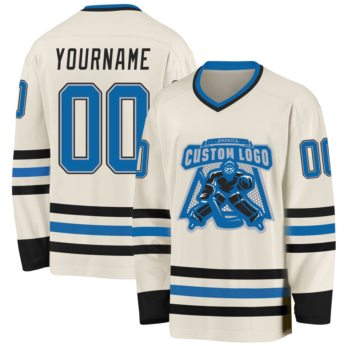 Custom Cream Blue Gray-Black Hockey Jersey view 2