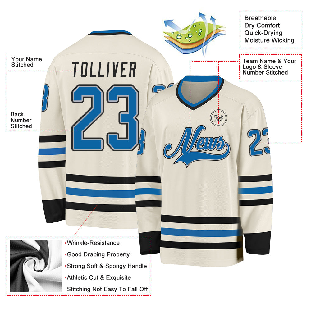 Custom Cream Blue Gray-Black Hockey Jersey view 3