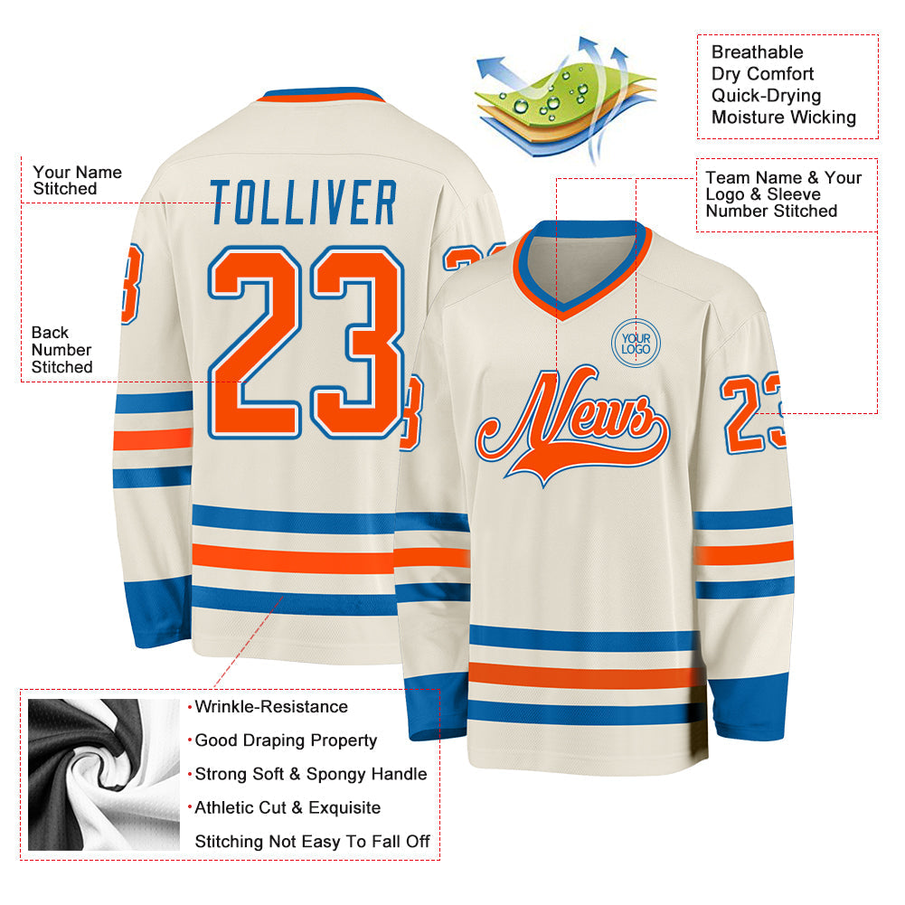 Custom Cream Orange White-Blue Hockey Jersey view 3