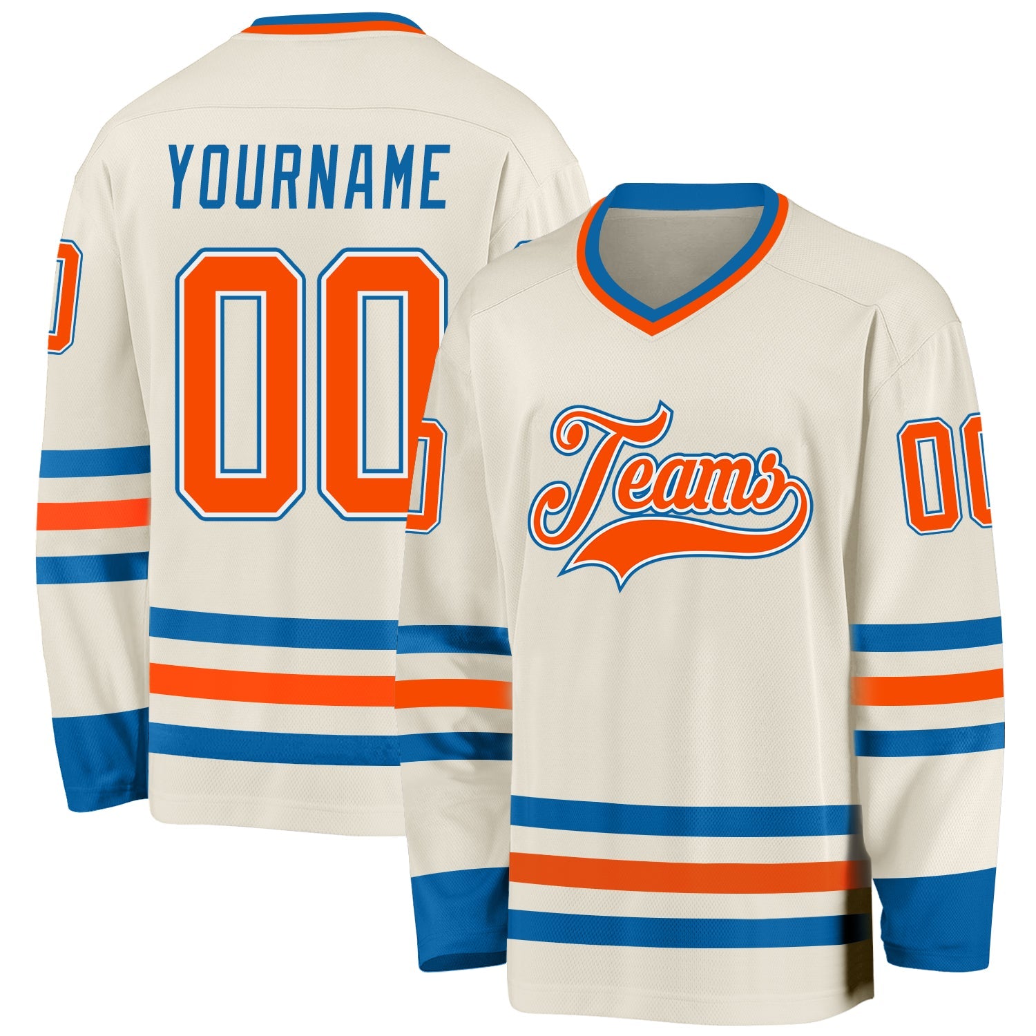 Custom Cream Orange White-Blue Hockey Jersey - Main View