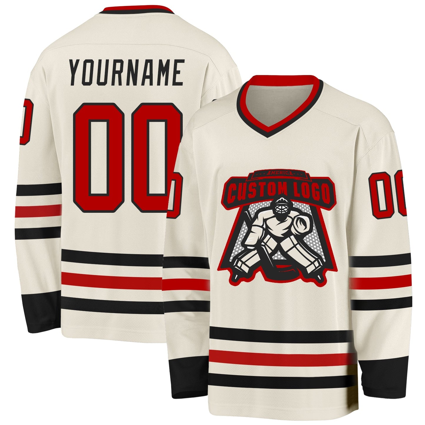 Custom Cream Red-Black Hockey Jersey view 2