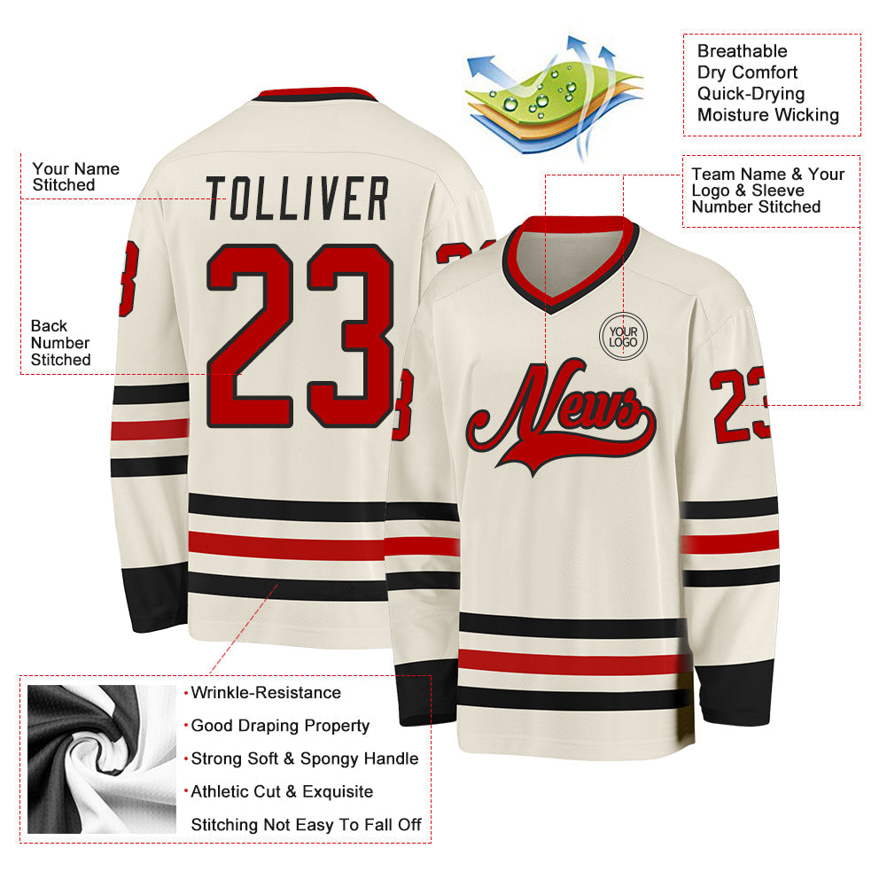 Custom Cream Red-Black Hockey Jersey view 3