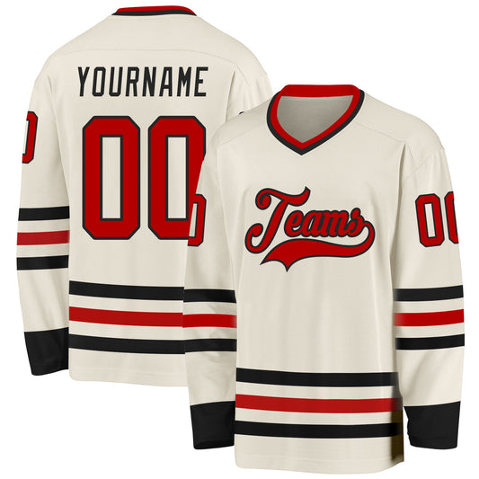 Custom Cream Red-Black Hockey Jersey - Main View