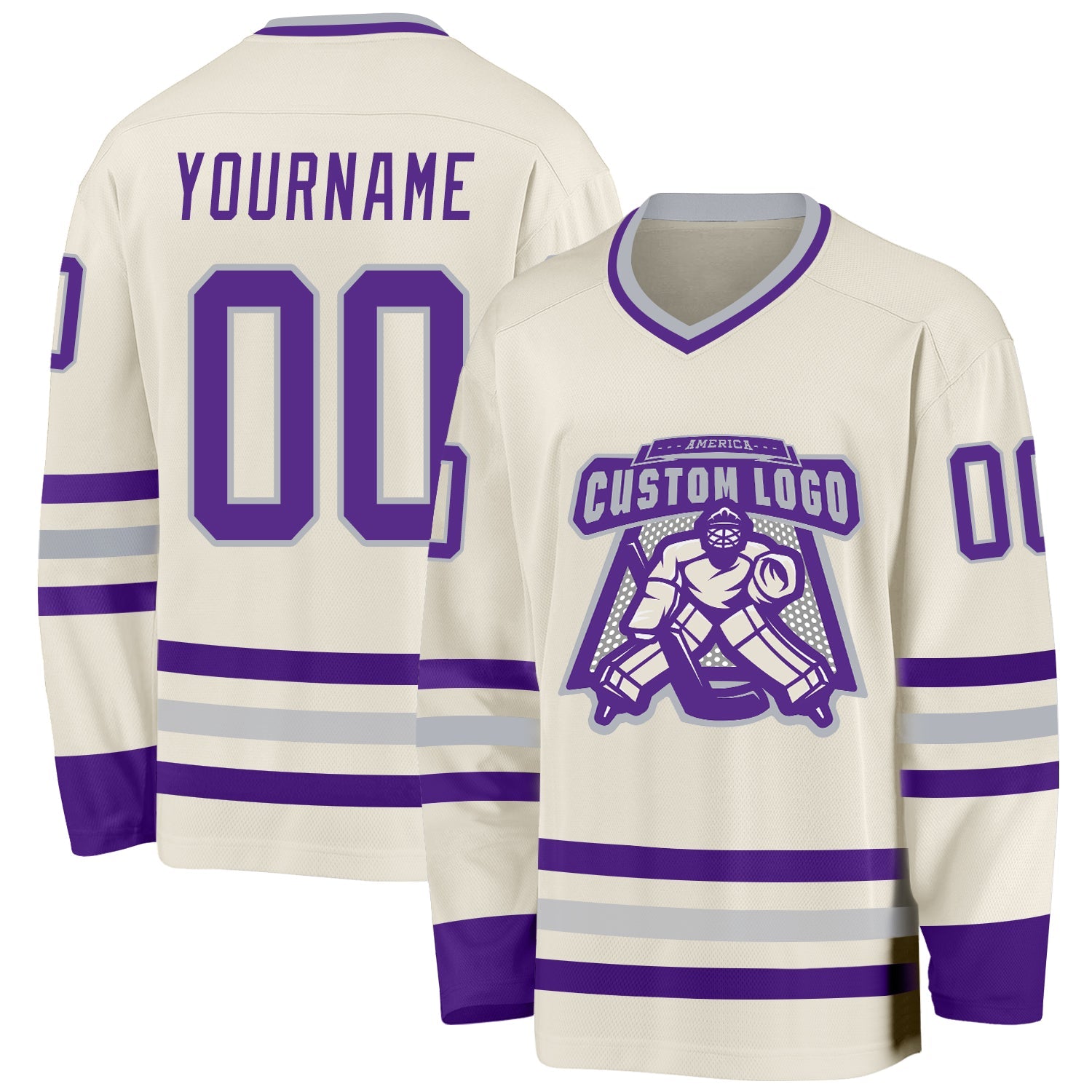 Custom Cream Purple-Gray Hockey Jersey view 2