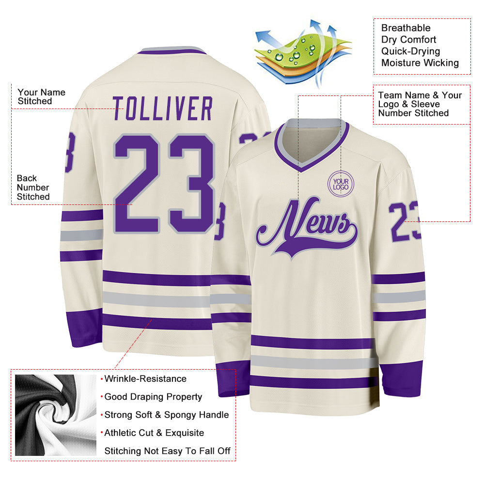 Custom Cream Purple-Gray Hockey Jersey view 3