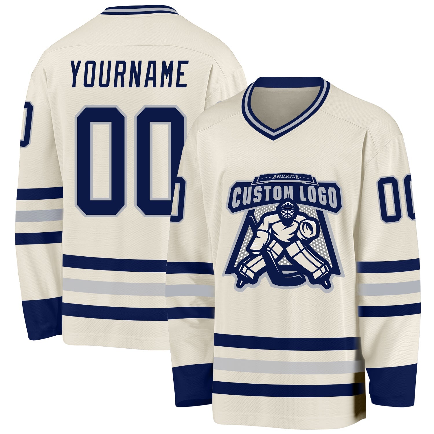 Custom Cream Navy-Gray Hockey Jersey view 2