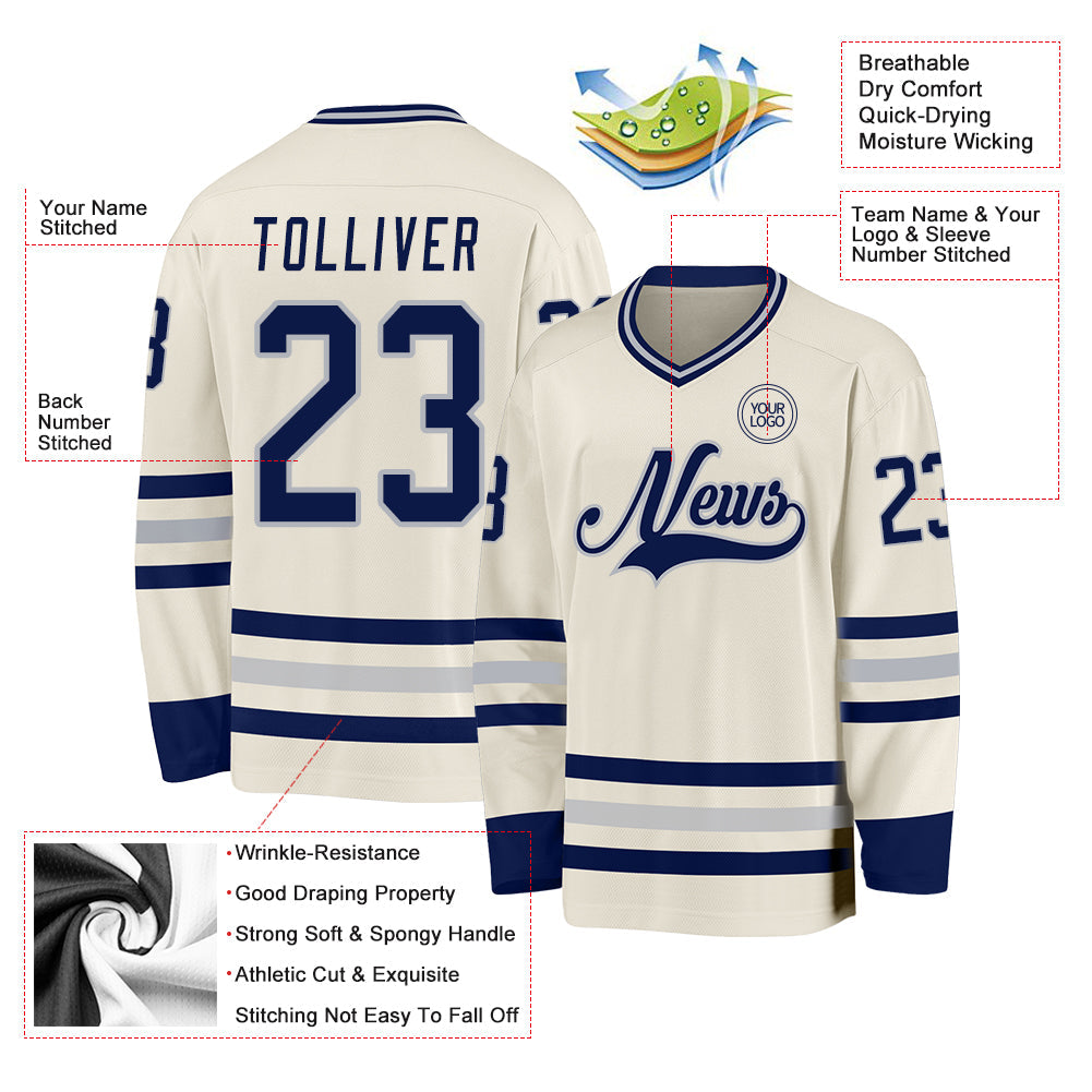 Custom Cream Navy-Gray Hockey Jersey view 3