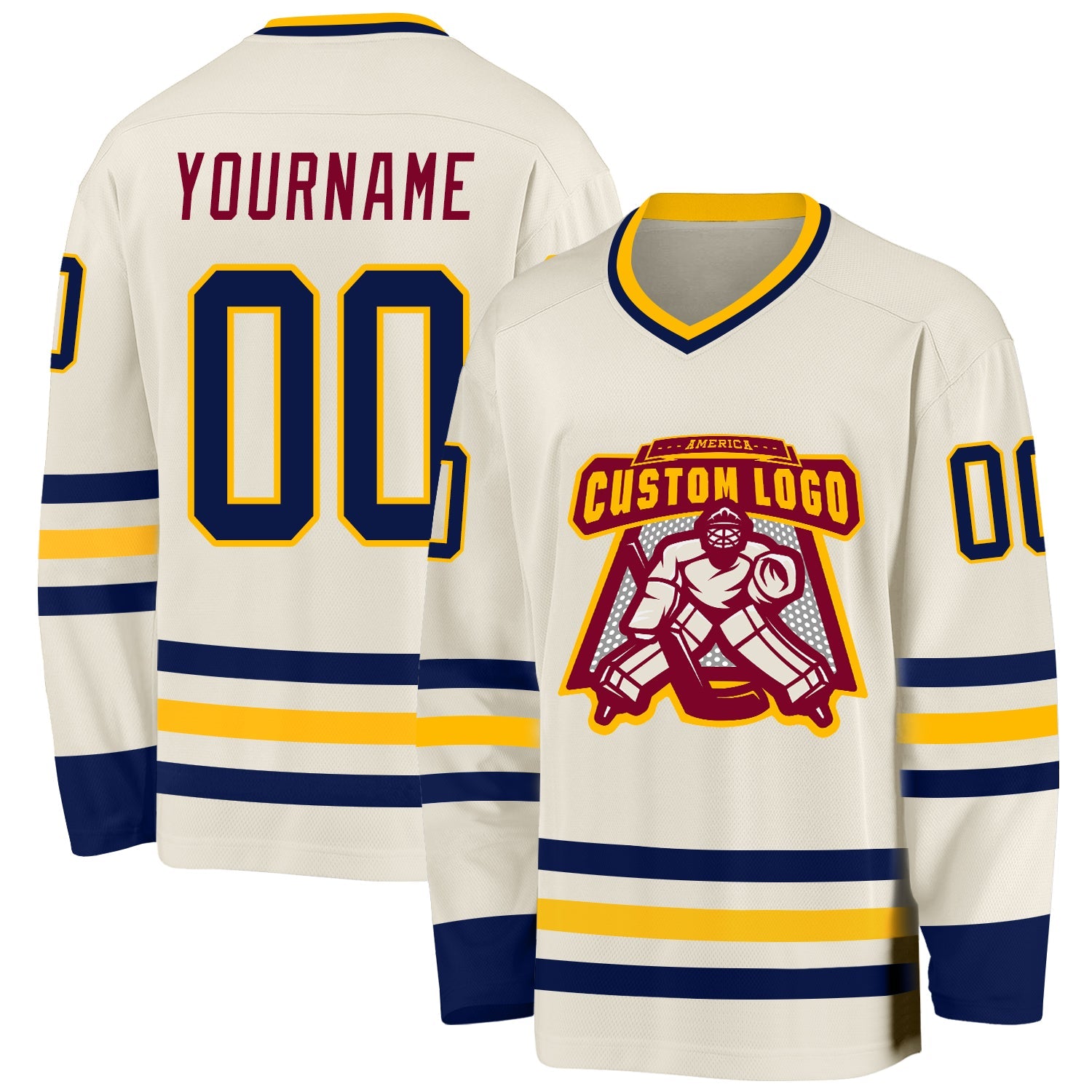 Custom Cream Navy Gold-Maroon Hockey Jersey view 2