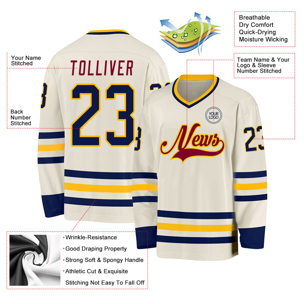 Custom Cream Navy Gold-Maroon Hockey Jersey view 3