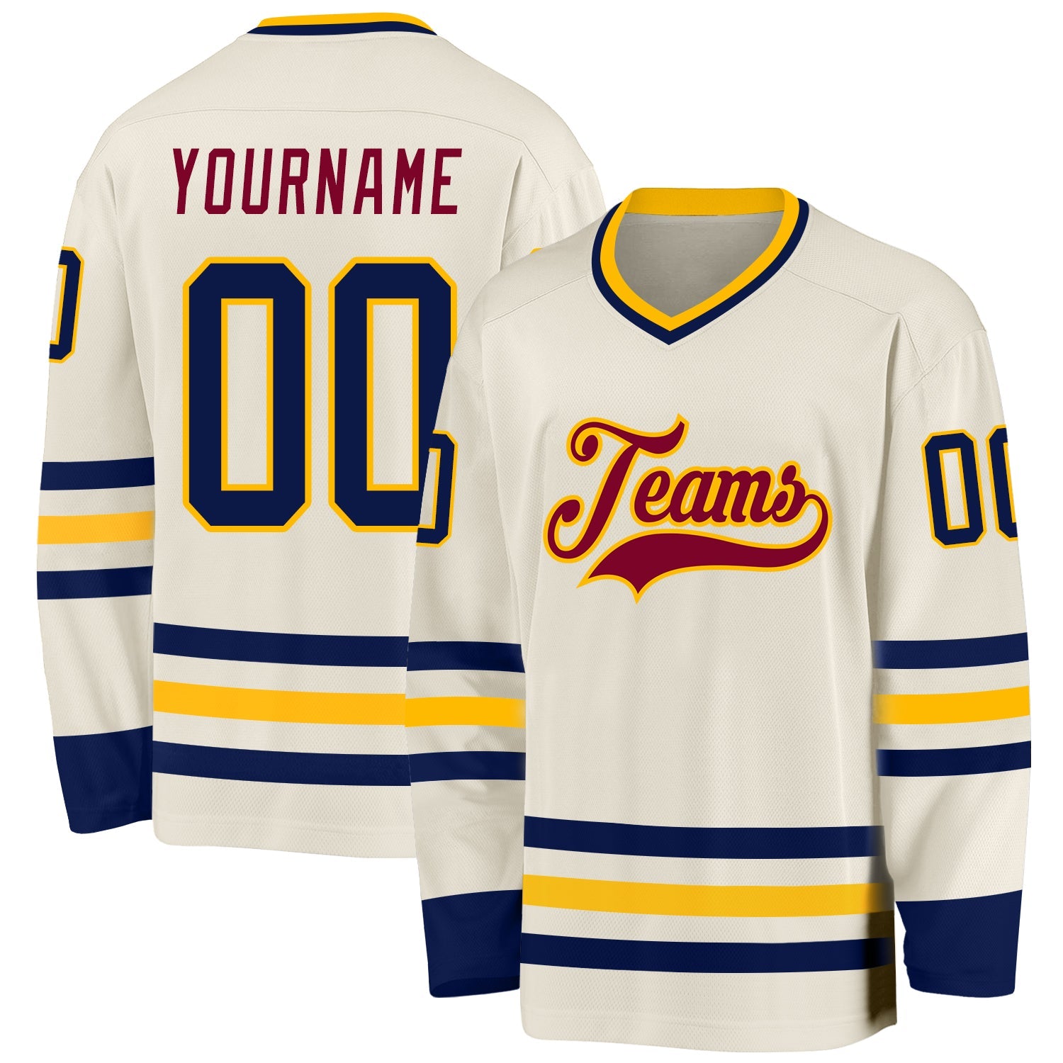Custom Cream Navy Gold-Maroon Hockey Jersey - Main View