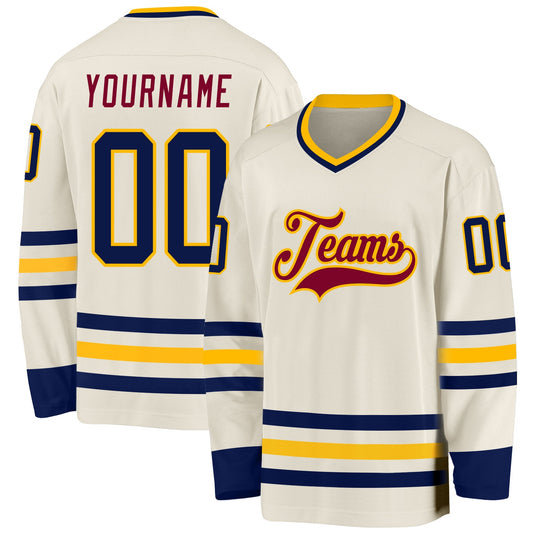 Custom Cream Navy Gold-Maroon Hockey Jersey - Main View